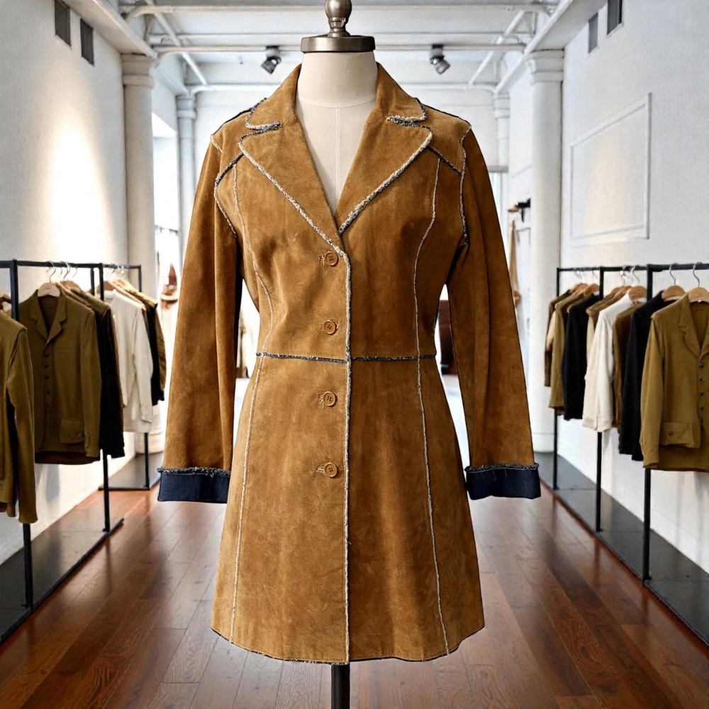 Scully Suede Leather Denim Lined Coat Tan Western Raw Edge Seam Jacket Womens